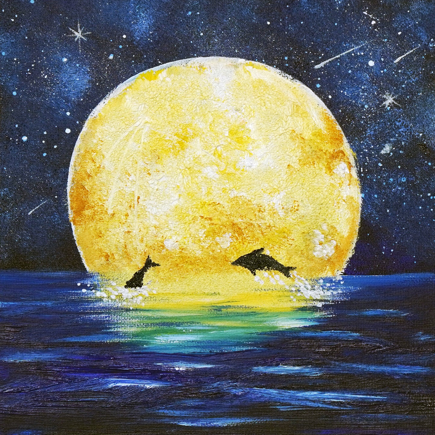Full moon and dolphins - 10×10