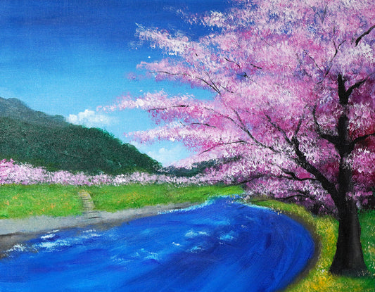 桜と川の風景 - 530 × 455mm - L8